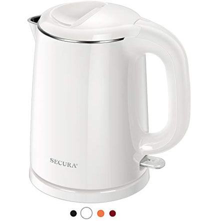  Stainless Steel Double Wall Electric Kettle Water Heater For Tea Coffee W/Auto Shut-Off And Boil-Dry Protection, 1.0L (White)