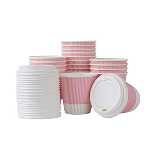  12 Oz Light Pink Paper Ripple Wall Coffee Cup - With White Lid - 3 1/2" X 3 1/2" X 5" - 20 Count Box