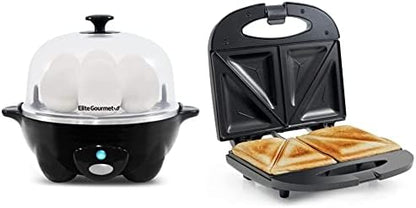  Elite Gourmet EGC-007B# Rapid Egg Cooker, 7 Easy-To-Peel, Hard, Medium, Black & ESM2207 Maxi-Matic Sandwich Panini Maker Grilled Cheese Machine Tuna Melt Omelets Non-Stick Surface, 2 Slice, Black