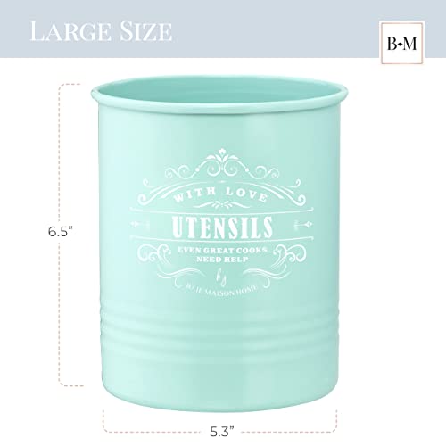 Large Farmhouse Kitchen Utensil Holder For Countertop - Kitchen Utensil Caddy - Teal Cooking Utensils Holder For Kitchen Counter - Utensil Organizer Jar For Wooden Spoon And Spatulas
