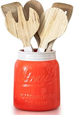  Wide Mouth Mason Jar Utensil Holder Decorative Kitchenware Organizer Crock, Chip Resistant Ceramic, Dishwasher Safe - Kitchen Caddy Aqua Blue For Countertop, Large Size 7" High