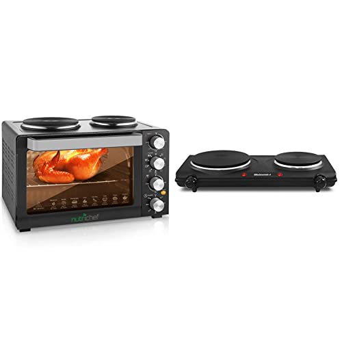  30 Quarts Kitchen Convection Oven & Elite Gourmet EDB-302BF Countertop Dual Flat Burner, Electric Hot Burner, Temperature Controls, Power Indicator Lights, Easy To Clean, 1500 Watts (Black)
