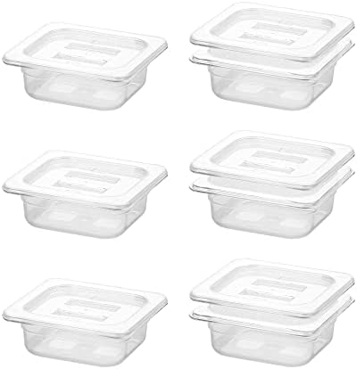  BIEAMA 6 Pack Food Pans With Lids, 1/6 Size 4'' Deep, Polycarbonate, Clear