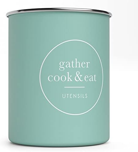  White Utensil Holder For Kitchen Countertop, Farmhouse Metal Utensil Crock, Rustic Country Decorative Kitchen Utensil Caddy Large, 5.5x6.75