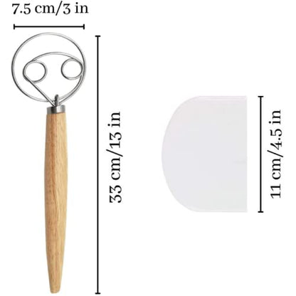  The Original Danish Dough Whisk - 304 Stainless Steel Ring Nonstick Dutch Whisk For Dough - Long Wooden Danish Dough Whisker Bread Mixer Handle Bundle With Flexible Plastic Scraper Cutter