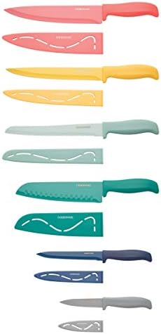  12-Piece Non-Stick Resin, Dishwasher-Safe Kitchen Knife Set With Custom-Fit Blade Covers, Razor-Sharp, Multicolor