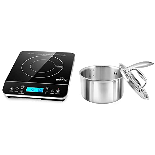  Duxtop Portable Induction Cooktop, Countertop Burner Induction Hot Plate, Silver 9600LS/BT-200DZ & Whole-Clad Tri-Ply Stainless Steel Saucepan With Lid, 1.6 Quart, Kitchen Induction Cookware