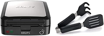 Krups Belgian Waffle Maker, Waffle Maker With Removable Plates, 4 Slices, Silver/Black & Norpro Grip-EZ Grab And Lift Silicone Tongs, Set Of 1, Black