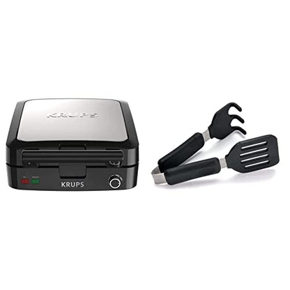 Krups Belgian Waffle Maker, Waffle Maker With Removable Plates, 4 Slices, Silver/Black & Norpro Grip-EZ Grab And Lift Silicone Tongs, Set Of 1, Black