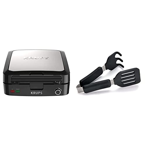 Krups Belgian Waffle Maker, Waffle Maker With Removable Plates, 4 Slices, Silver/Black & Norpro Grip-EZ Grab And Lift Silicone Tongs, Set Of 1, Black