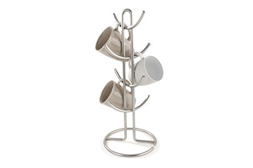  Euro Large 8 Holder, Mug Tree, Mugs & Tea Cup Storage Rack, Coffee Counter Bar Accessory & Kitchen Countertop Organizer, Satin Nickel