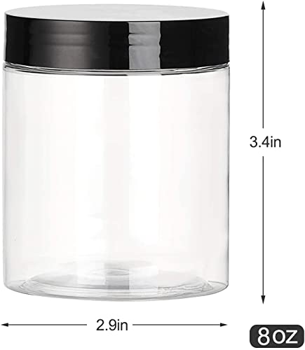  8OZ 32PCS Plastic Jars With Lids Empty Slime Cosmetics Containers Clear Gift Food Jars Round PET Cream Jars With Black Lids Pen Labels For Kitchen Storage Spices Dry Food Body Butter Slime Making