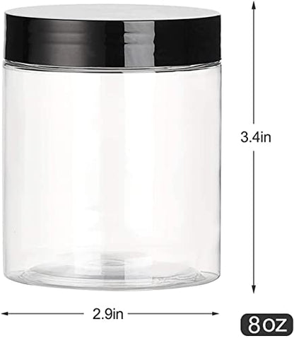  8OZ 32PCS Plastic Jars With Lids Empty Slime Cosmetics Containers Clear Gift Food Jars Round PET Cream Jars With Black Lids Pen Labels For Kitchen Storage Spices Dry Food Body Butter Slime Making