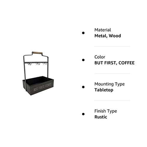  Coffee Mug Holder - 6 Hook Coffee Cup Rack With Rectangular Rustic Style Crockery Holder - Storage Or Display - Mug Stand Organizer For Kitchen Counter Or Cafe Countertop - But First Coffee