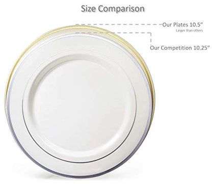  " OCCASIONS " 600 Pcs Set & 120 Guest Wedding Disposable Plastic Plate & Silverware Combo Set (Ivory & Gold Rim Plates, Gold Silverware)