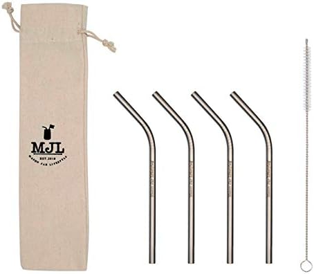  Combo Pack Thin Bent Stainless Steel Straws For Mason Jars (6 Pack + Cleaning Brush + Cloth Bag)
