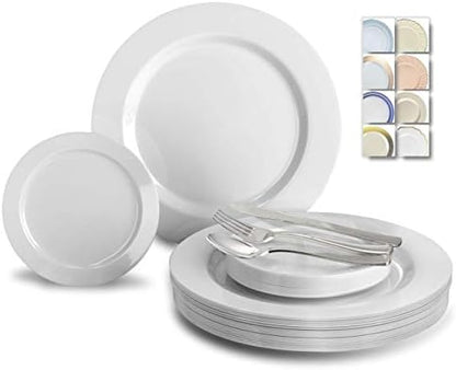  " OCCASIONS " 600 Pcs Set & 120 Guest Wedding Disposable Plastic Plate & Silverware Combo Set (White & Silver Rim Plates, Silver Silverware)