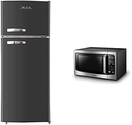 RCA RFR786-BLACK 2 Door Apartment Size Refrigerator With Freezer, 7.5 Cu. Ft, Retro Black & TOSHIBA EM131A5C-SS Countertop Microwave Oven, 1.2 Cu Ft With 12.4" Turntable, 1100W