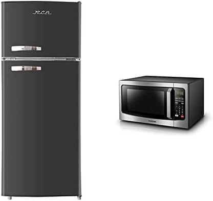 RCA RFR786-BLACK 2 Door Apartment Size Refrigerator With Freezer, 7.5 Cu. Ft, Retro Black & TOSHIBA EM131A5C-SS Countertop Microwave Oven, 1.2 Cu Ft With 12.4" Turntable, 1100W
