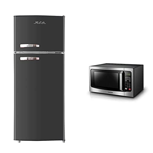 RCA RFR786-BLACK 2 Door Apartment Size Refrigerator With Freezer, 7.5 Cu. Ft, Retro Black & TOSHIBA EM131A5C-SS Countertop Microwave Oven, 1.2 Cu Ft With 12.4" Turntable, 1100W