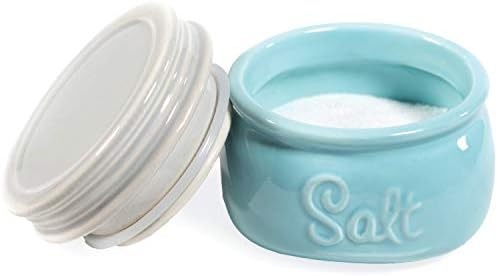  Mason Salt Cellar - Ceramic Salt Cellar With Lid - Rustic Farmhouse Decor By Sparrow Decor (Blue)