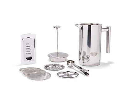  Perto Stainless Steel French Press Coffee Maker | 34 Ounce, Double Wall Insulated, Manual, Portable, Chrome Finish