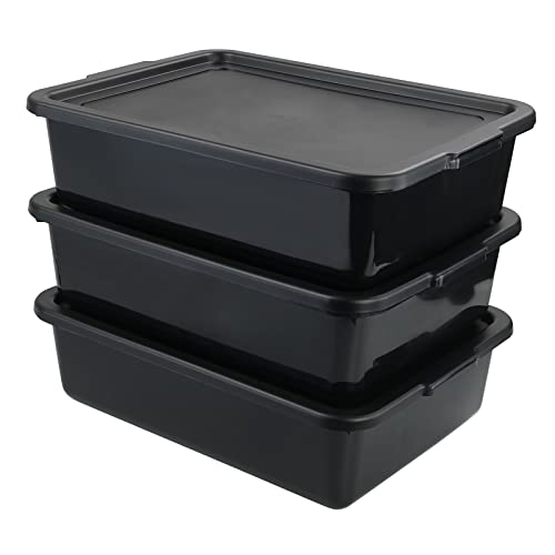  Pack Of 3 Food Service Bus/Utility Tote Box With Lid, Plastic Restaurant Dish Tub, 13 L, Black