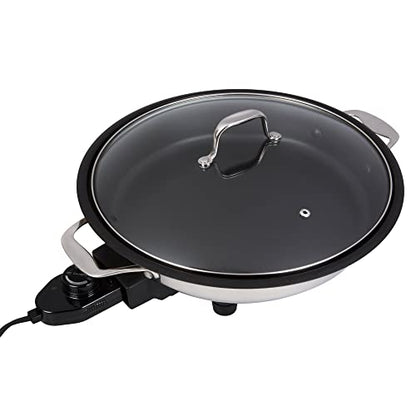  Electric Skillet By Cucina Pro - 18/10 Stainless Steel, Frying Pan With Non Stick Interior, With Glass Lid, 12" Round, Temperature Control Probe For Adjustable Heat Settings