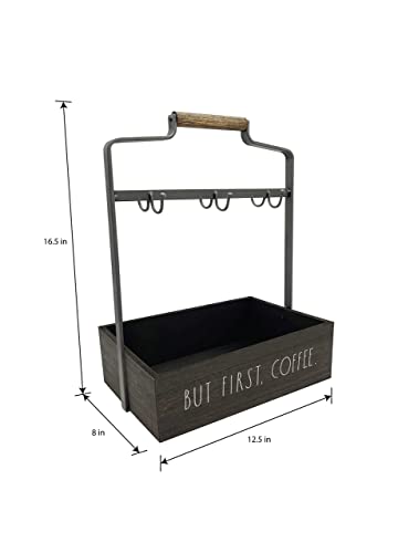  Coffee Mug Holder - 6 Hook Coffee Cup Rack With Rectangular Rustic Style Crockery Holder - Storage Or Display - Mug Stand Organizer For Kitchen Counter Or Cafe Countertop - But First Coffee