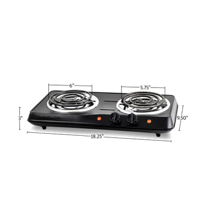 Vente Electric Double Coil Burner 6 & 5.75 Inch Hot Plate Cooktop With Temperature Control And Easy To Clean Stainless Steel Base, 1700W Portable Countertop Stove For Home Or Dorm, Black BGC102B