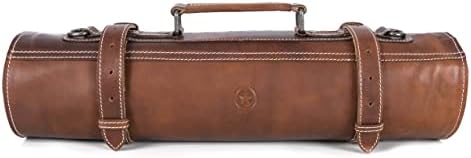  Aron Leather Goods Vendimia Estilo Leather Knife Roll Storage Bag, Elastic And Expandable 10 Pockets, Adjustable/Detachable Shoulder Strap, Travel-Friendly Chef Knife Case Roll (Caramel, Leather)