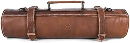  Aron Leather Goods Vendimia Estilo Leather Knife Roll Storage Bag, Elastic And Expandable 10 Pockets, Adjustable/Detachable Shoulder Strap, Travel-Friendly Chef Knife Case Roll (Caramel, Leather)