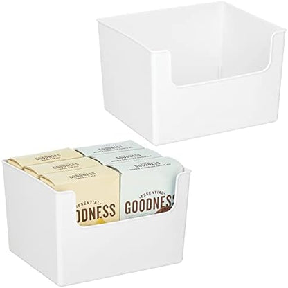  Modern Wide Plastic Open Front Dip Storage Organizer Bin Basket For Kitchen Organization - Shelf, Cupboard, Cabinet, And Pantry Organizing Decor - Ligne Collection - 2 Pack - Clear