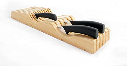  Large In-Drawer Knife Block: 11 Slot (Holds 10-12 Knives) Empty Bamboo Wooden Knife Holder For Kitchen Drawers