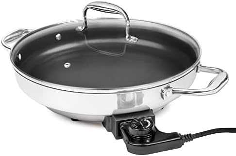  Electric Skillet By Cucina Pro - 18/10 Stainless Steel, Frying Pan With Non Stick Interior, With Glass Lid, 12" Round, Temperature Control Probe For Adjustable Heat Settings