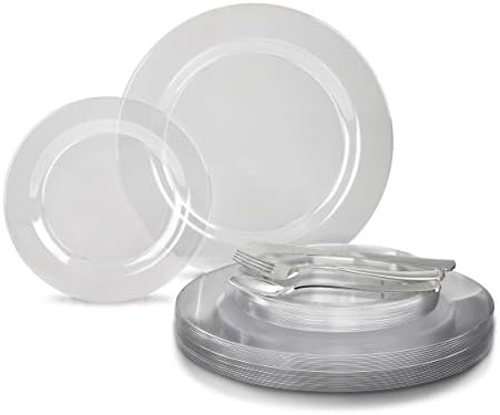  " OCCASIONS " 600 Pcs Set & 120 Guest Wedding Disposable Plastic Plate & Silverware Combo Set (White & Silver Rim Plates, Silver Silverware)