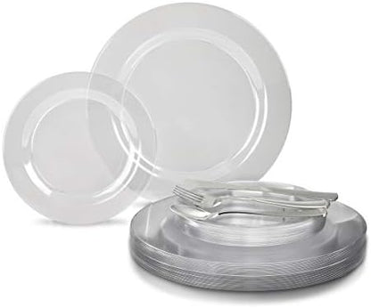  " OCCASIONS " 600 Pcs Set & 120 Guest Wedding Disposable Plastic Plate & Silverware Combo Set (White & Silver Rim Plates, Silver Silverware)