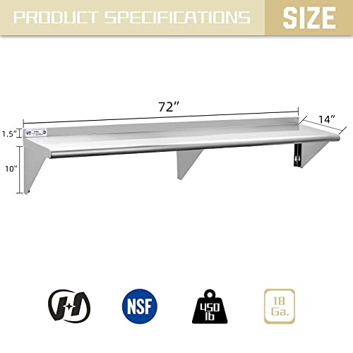  Ally Stainless Steel Shelf 14 X 72 Inches, 450 Lb, Commercial Wall Mount Floating Shelving For Restaurant, Kitchen, Home And Hotel