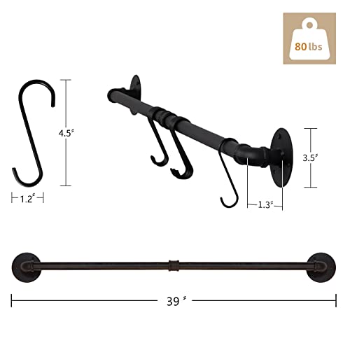  OROPY 39 Inch Pot Bar Rack Wall Mounted Detachable Pans Hanging Rail Kitchen Lids Utensils Hanger With 14 S Hooks Black
