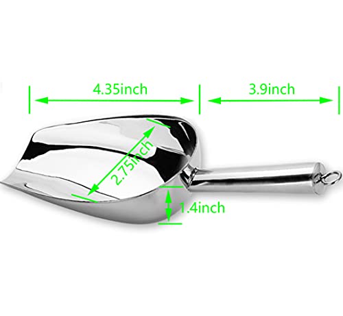  Metal Ice Scoop 6 Ounces, Small Stainless Steel 8.25 Inch Food Scoops For Kitchen Party Bar Wedding, Heavy Duty & Anti Rust, Superb Mirror Polish Surface, Easy Clean & Dishwasher Safe. By Kenbutsu.