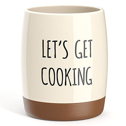  Ceramic Farmhouse Kitchen Utensil Holder For Countertop, Decorative Kitchen Utensil Holder, Large Kitchen Utensil Holder For Kitchen Counter, Utensil Crock Spatula Holder, 6.5" Cream