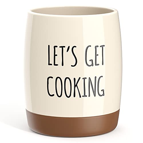  Ceramic Farmhouse Kitchen Utensil Holder For Countertop, Decorative Kitchen Utensil Holder, Large Kitchen Utensil Holder For Kitchen Counter, Utensil Crock Spatula Holder, 6.5" Cream