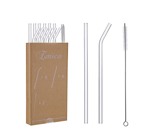  8"x8mm Long Reusable Glass Straws, Clear Drinking Straws For Smoothie, Milkshakes, Tea, Juice-12 Pack Including 6 Straight And 6 Bent With 2 Cleaning Brush, Perfect For Hot Or Cold Drinks