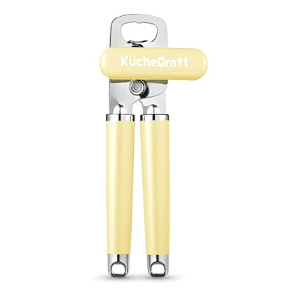  Can Opener Manual, Heavy Duty Handheld Can Opener With Stainless Steel Sharp Blade, Hand Can Opener With Ergonomic Hand Grip And Larger Turning Knob, Built In Bottle Opener(Yellow)