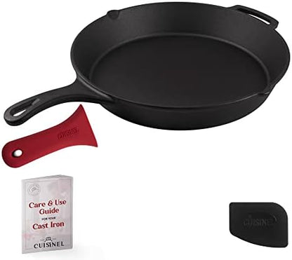 Ast Iron Skillet + Grill Press + Scraper Set - 10"-inch Pre-Seasoned Frying Pan + Silicone Handle Grip - 7" Round Burger Smasher - Indoor/Outdoor, Stove, Oven, Grill, Induction Safe Kitchen Cookware