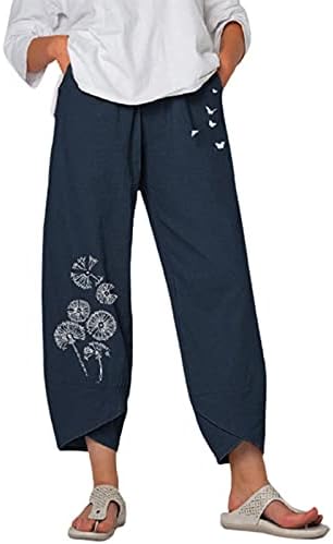  Capri Pants For Women Plus Size Cotton Linen Pockets Wide Leg Trousers Graffiti Print Relex Fit Beach Cropped Pants