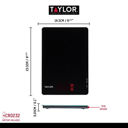 Taylor Pro Digital Ultra Thin Kitchen Food Scales, Compact Slimline Professional Standard With Tare Feature And Precision Accuracy, Black Glass, Weighs 5 Kg Capacity