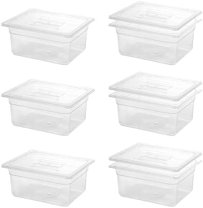  BIEAMA 6 Pack Food Pans With Lids, 1/6 Size 4'' Deep, Polycarbonate, Clear