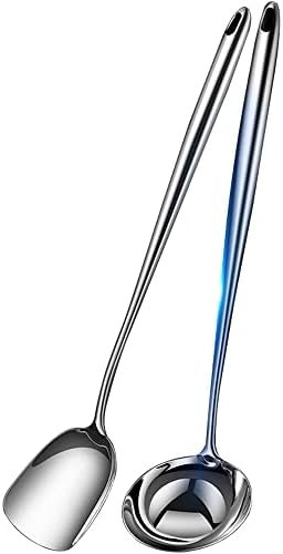  Wok Spatula And Ladle,Skimmer Slotted Spoon Set - Asian Wok Cooking Tools - 304 Stainless Steel Wide Wok Spatula - Wok Utensils Set Professional