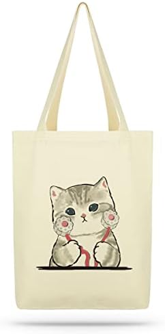  ÇINAR BEZ ÇANTA A.Ş. Eco Tote Bag, Canvas Tote Bag For Women With Cat Print, Zippered Inner Pocket, The Tote Bag